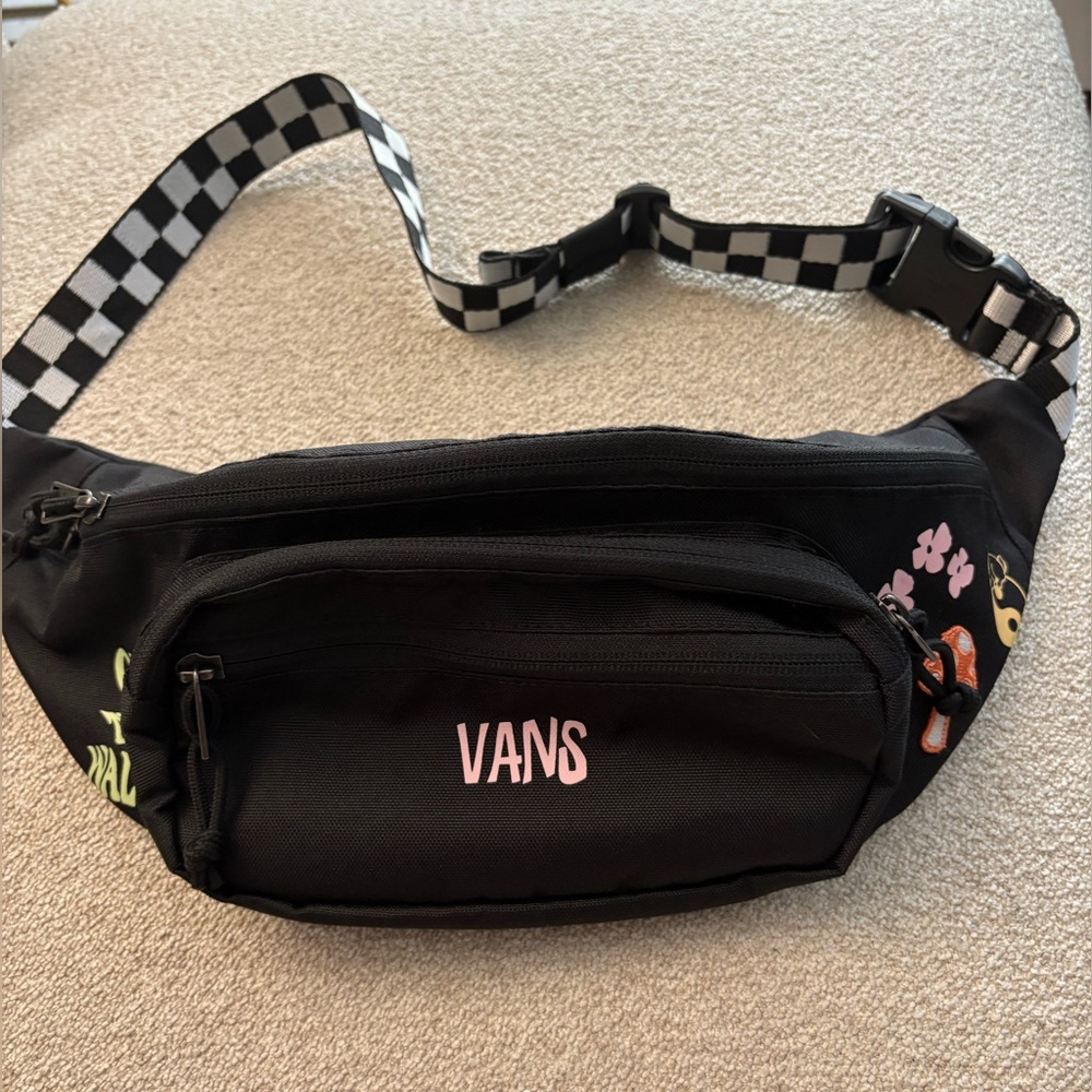 Vans Black Crossbody Fanny Pack with Checkered Strap and Colorful Accents